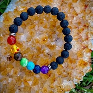 Black Lava Bead Bracelet with Rainbow Gem Accent